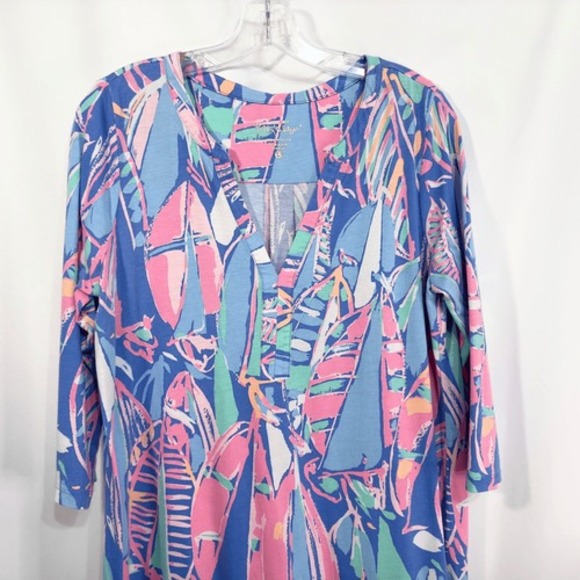 Lilly Pulitzer Large Dress Blue Pink Shift Above Knee Mini V Neck Cotton 429 - Picture 4 of 10